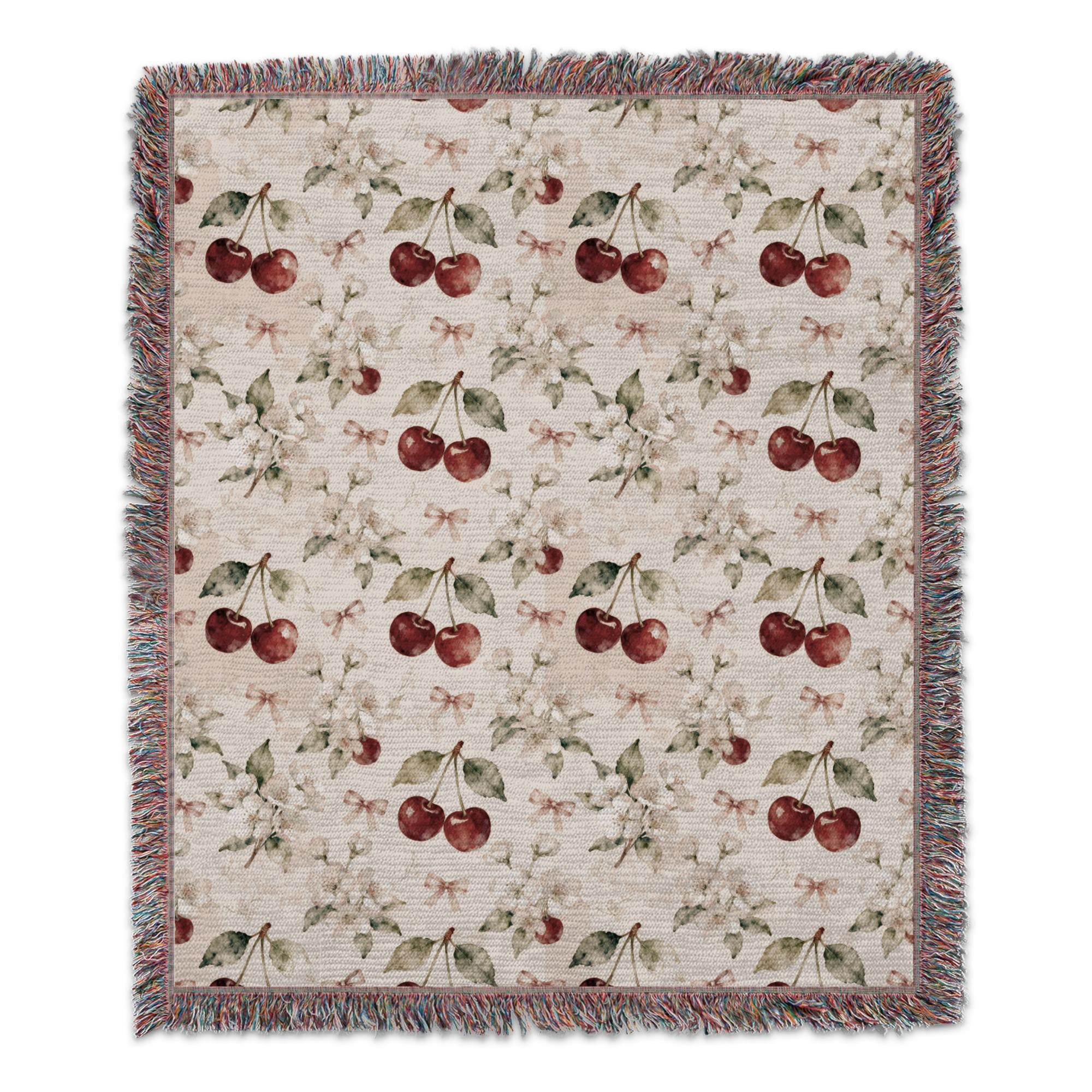 Coquette Cherry Blanket, Cute Pink Bow Blossom Throw Blanket, Vintage Cottagecore Floral Bedding, Soft Girl Aesthetic Gift for Her