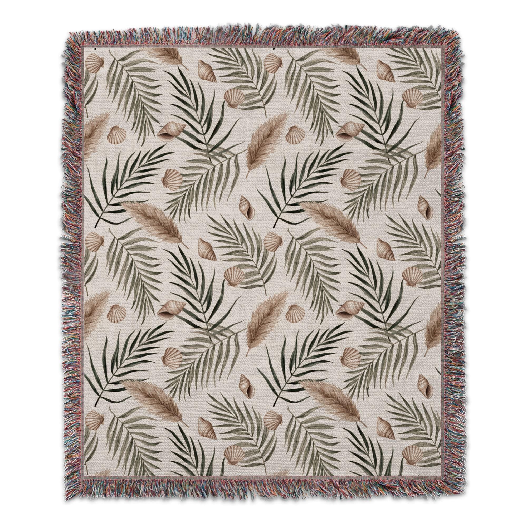 Coastal Palm Leaf Blanket, Neutral Beach House Throw with Watercolor Seashells & Boho Pampas Grass, Tropical Summer Home Decor Gift for Her