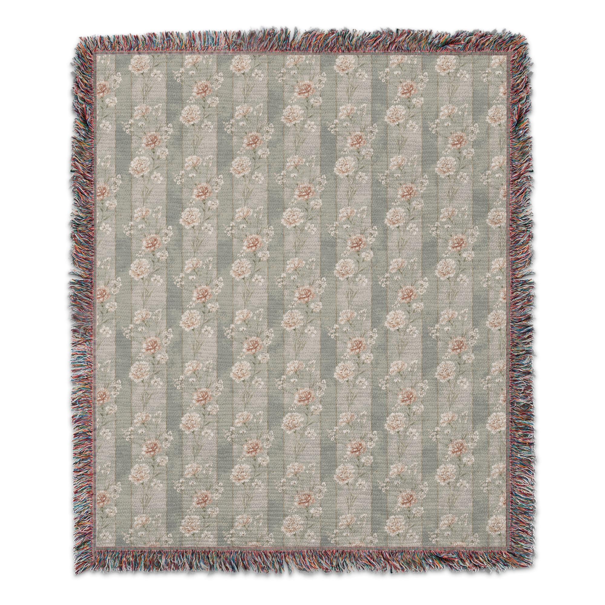 Vintage Floral Stripe Blanket, Cottagecore Peach Carnation Throw Blanket, French Country Blue Decor, Shabby Chic Cozy Bedding, Gift for Her