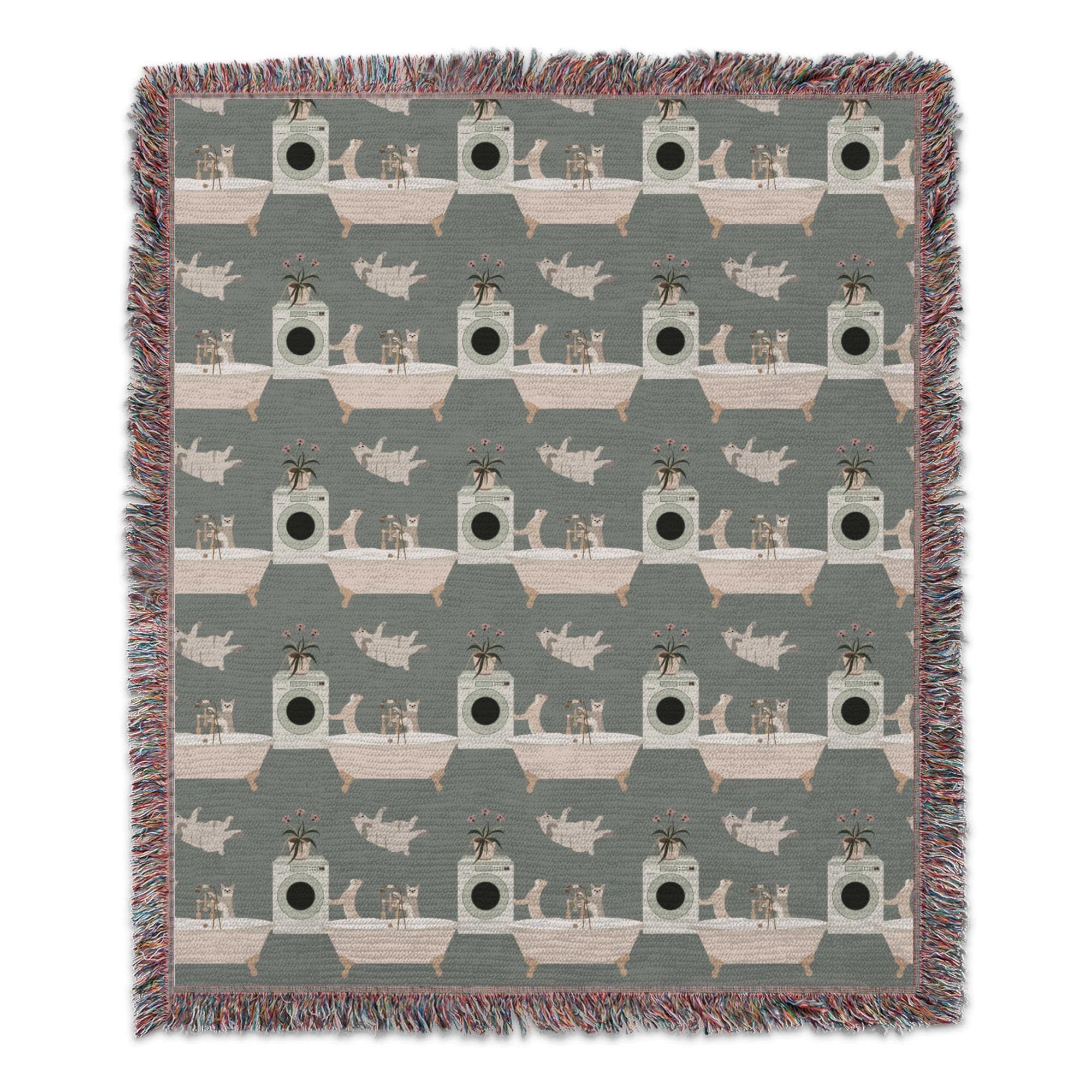 Whimsical cat-themed woven throw blanket with colorful artwork