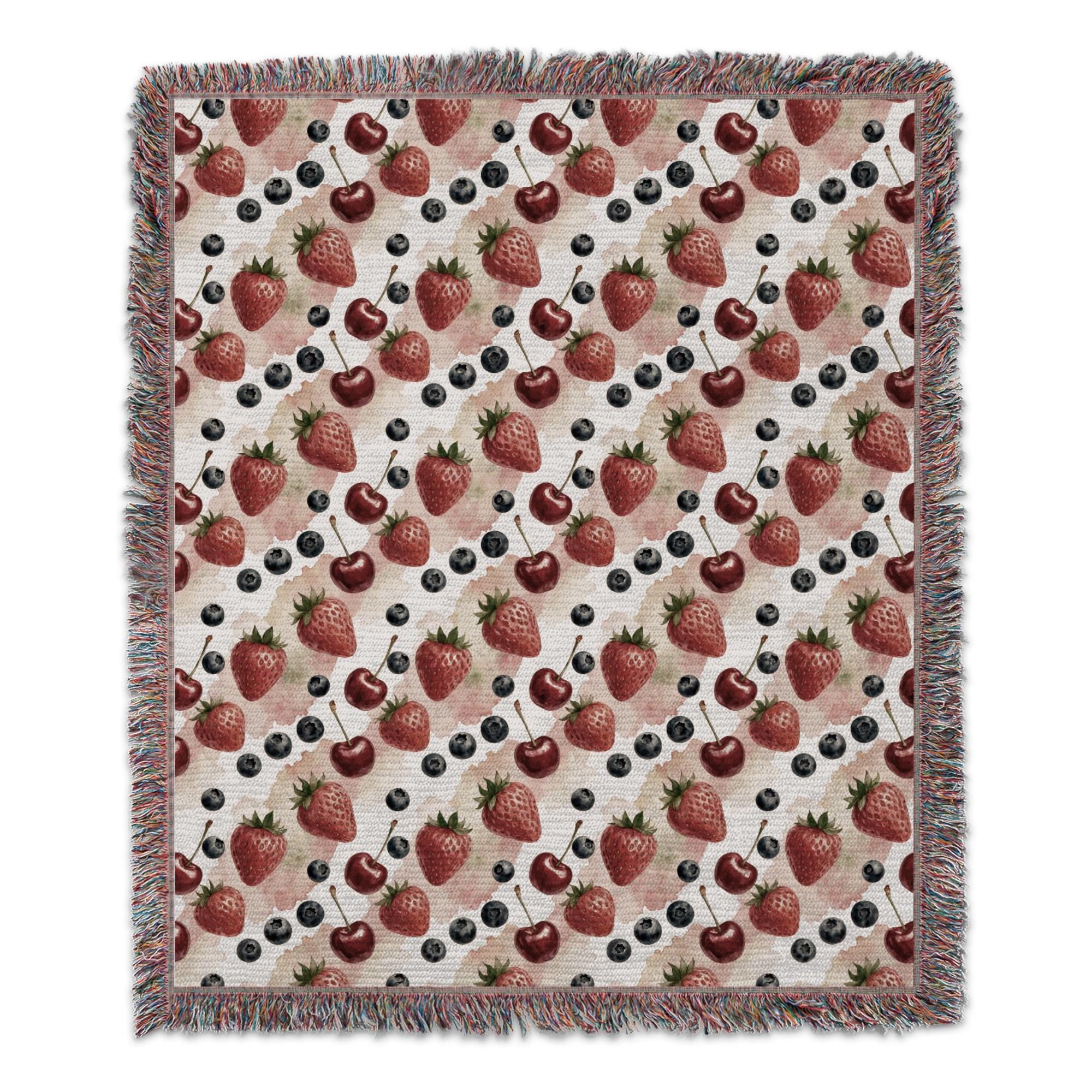 Strawberry Blanket, Cottagecore Fruit Throw Blanket, Watercolor Berry Cherry Blueberry Blanket, Cute Summer Fruit Decor, Housewarming Gift