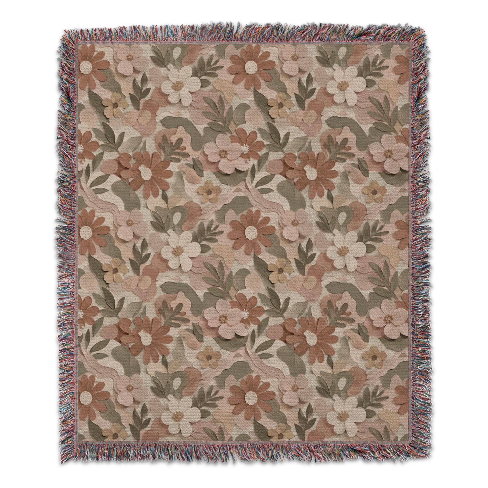 Pastel Boho Floral Blanket, Earthy Paper Cut Flower Throw Blanket, Cottagecore Botanical Decor, Warm Retro Floral Gift for Her