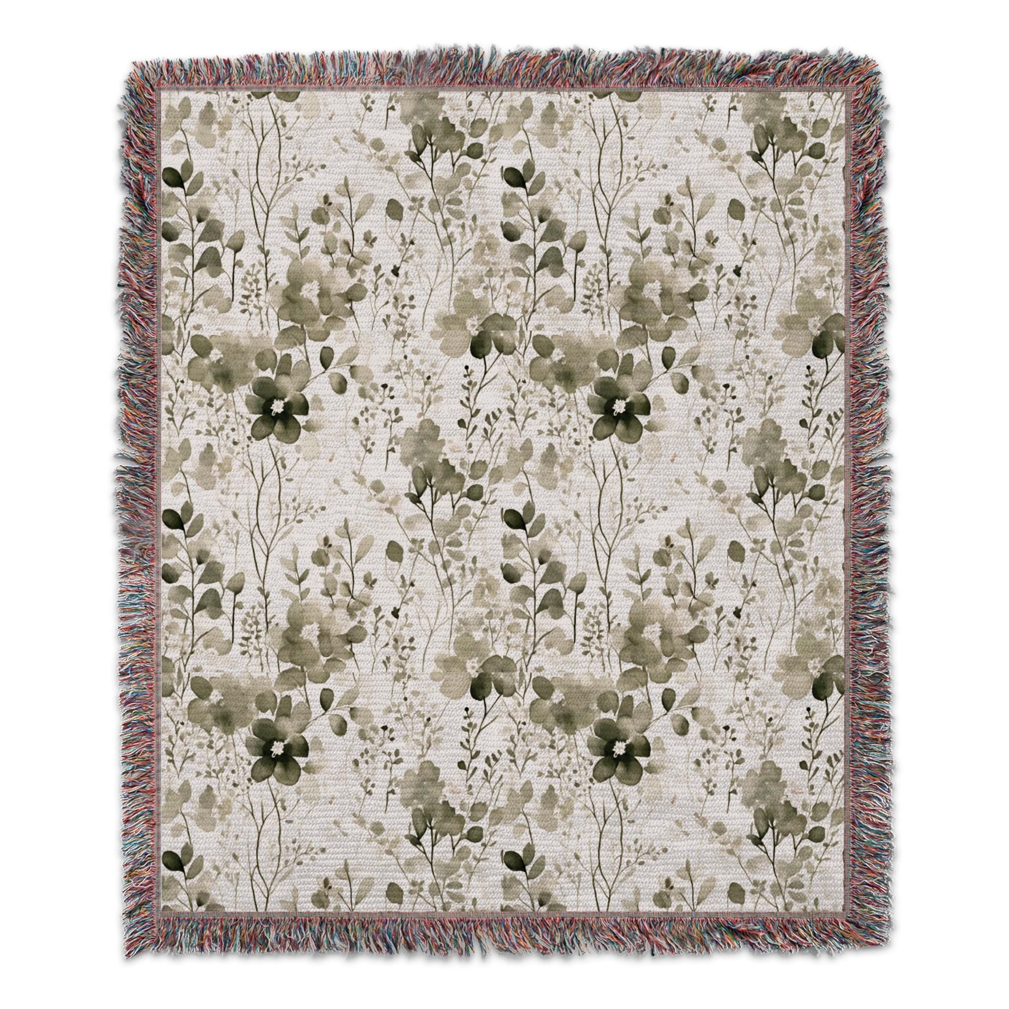 Sage Green Floral Blanket, Botanical Throw Blanket, Cottagecore Watercolor Wildflower Bedding, Soft Earthy Plant Lover Home Decor Gift