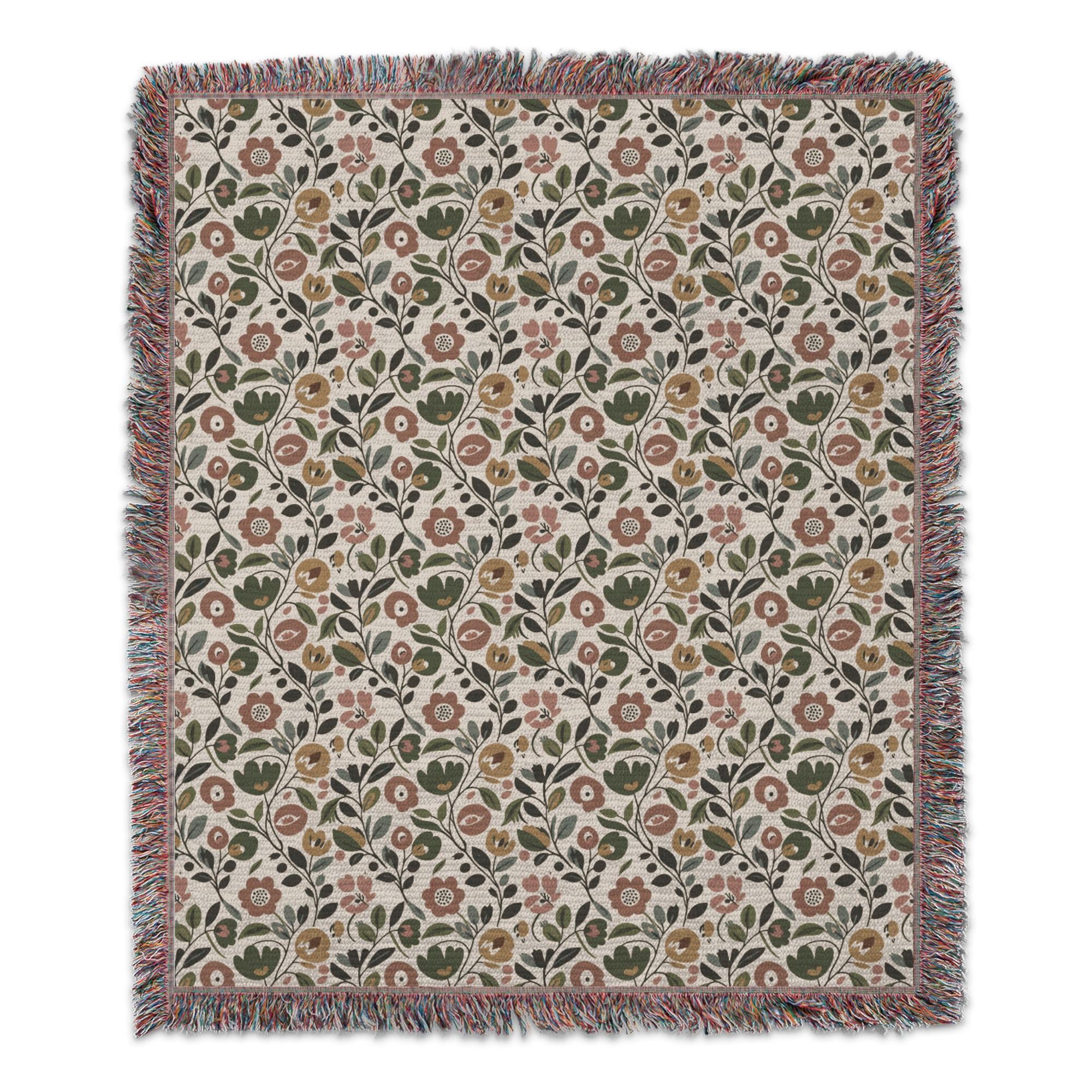 Scandinavian Floral Blanket, Folk Art Botanical Throw Blanket, Mid Century Modern Flower Bedding, Cozy Boho Cottagecore Home Decor Gift