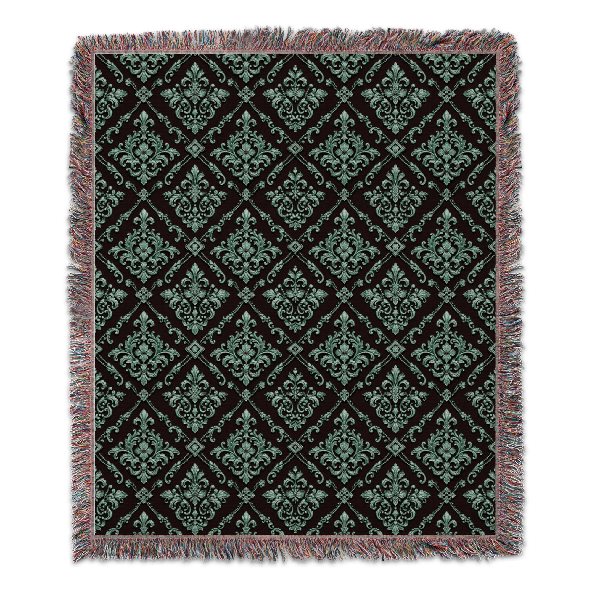 Teal Damask Blanket, Gothic Victorian Throw, Moody Maximalist Baroque Bedding, Ornate Jewel Tone Fleur De Lis Cozy Home Decor Housewarming