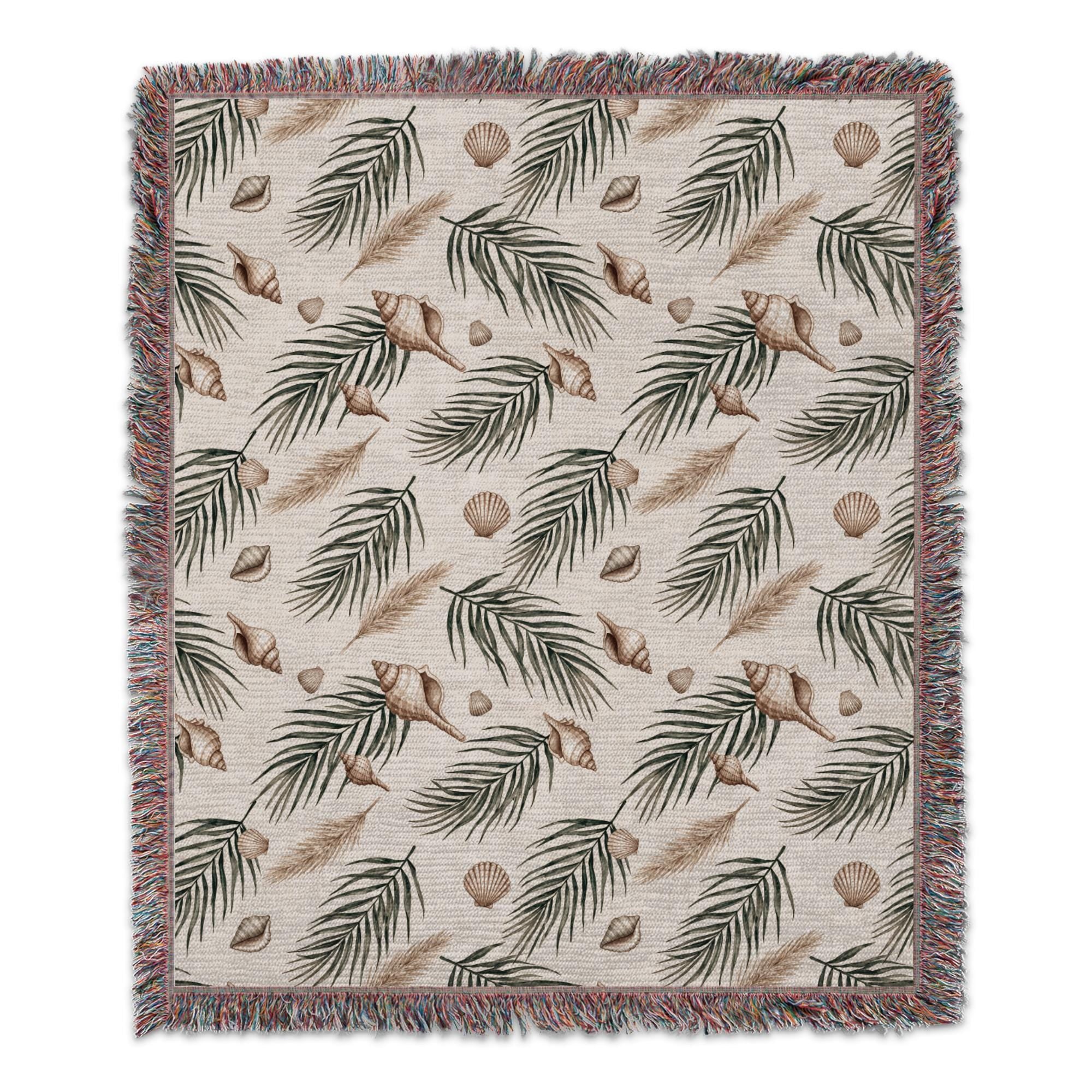 Coastal Boho Blanket, Tropical Seashell Palm Leaf Throw, Beach House Decor, Neutral Watercolor Ocean Bedding, Coastal Grandma Gift