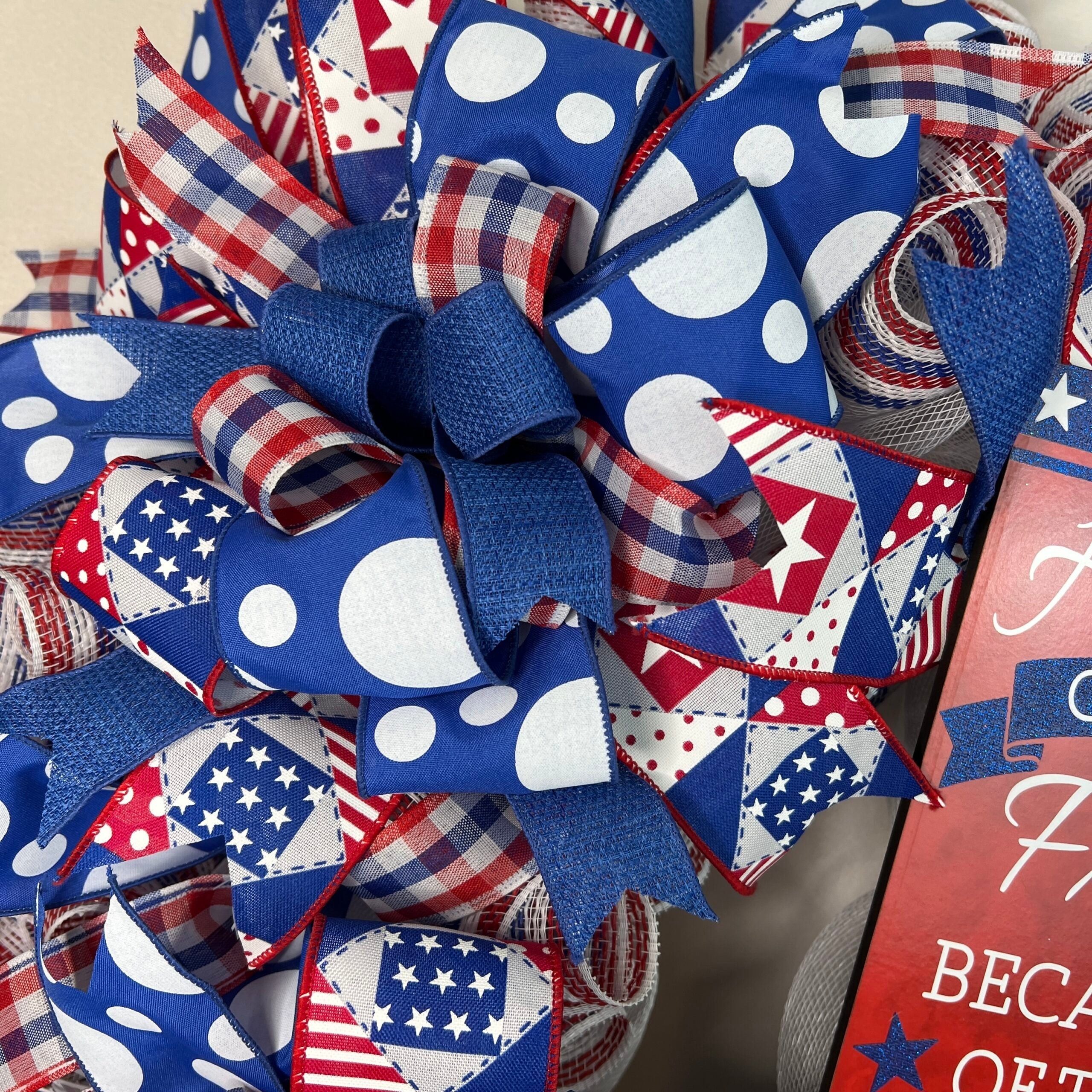 Patriotic wreath with layered wired ribbon and a full bow