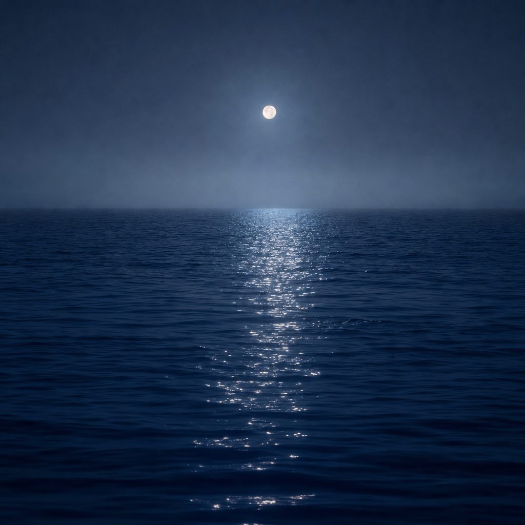 Moonlight resting on a calm deep-blue ocean at dusk.