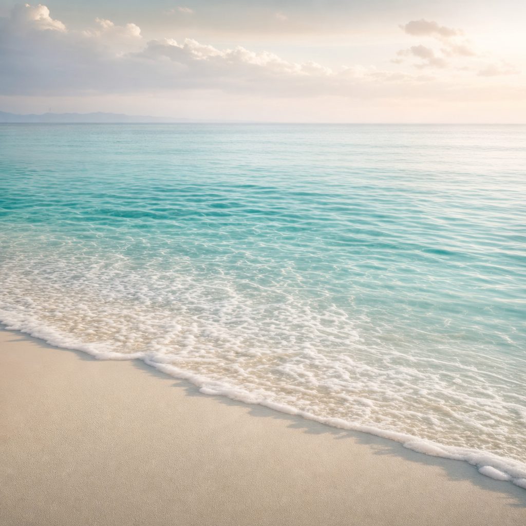 Soft turquoise waves meeting an ivory shoreline in hazy morning light.