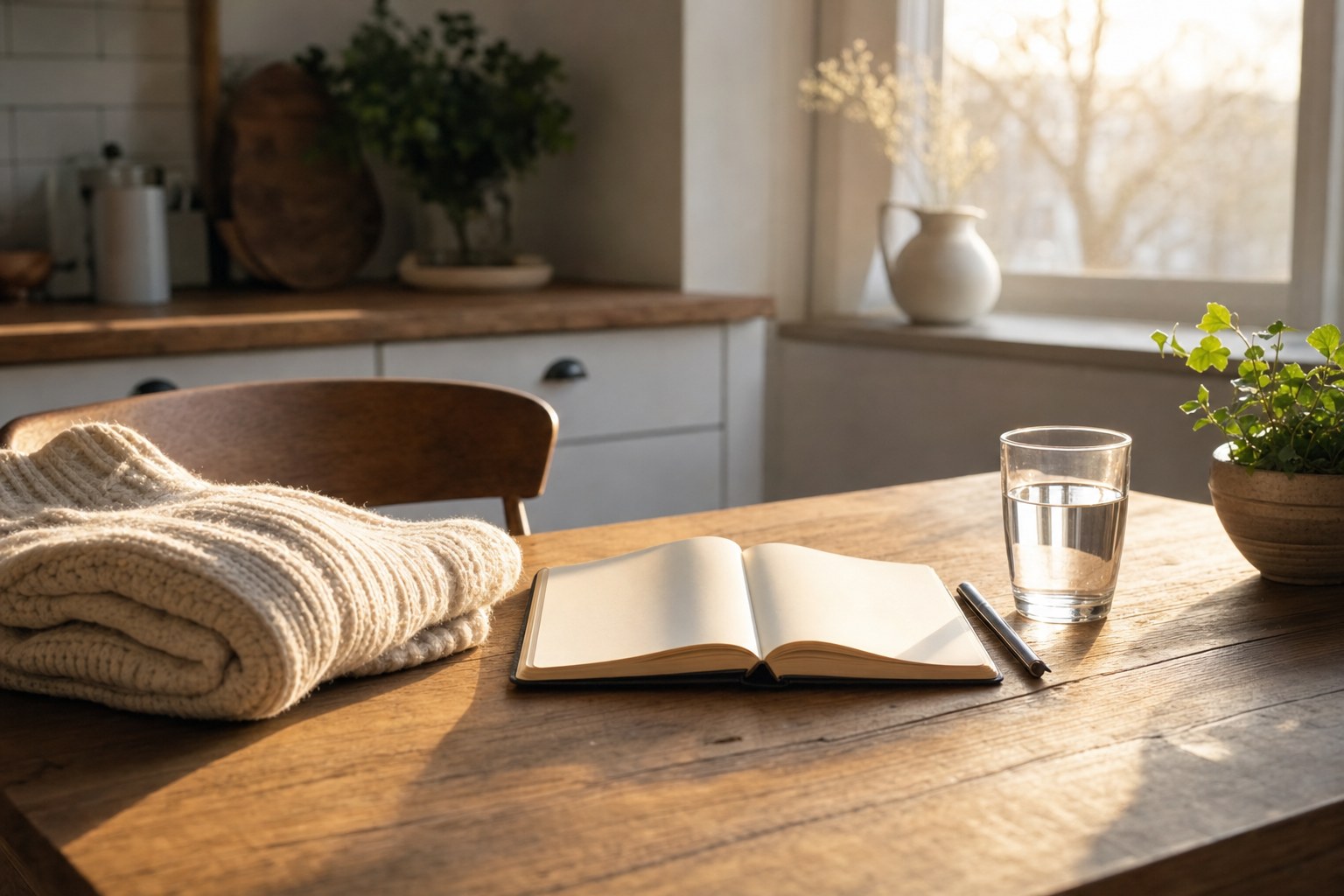 A sunlit kitchen table with an open blank notebook, glass of water, and folded sweater