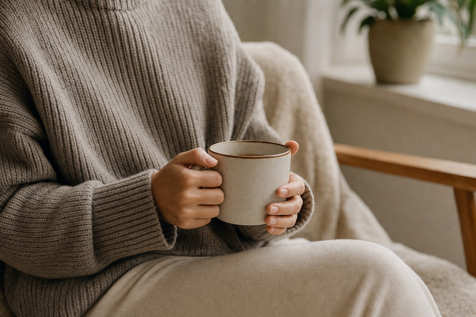 Hands holding a ceramic mug beside a softly lit window