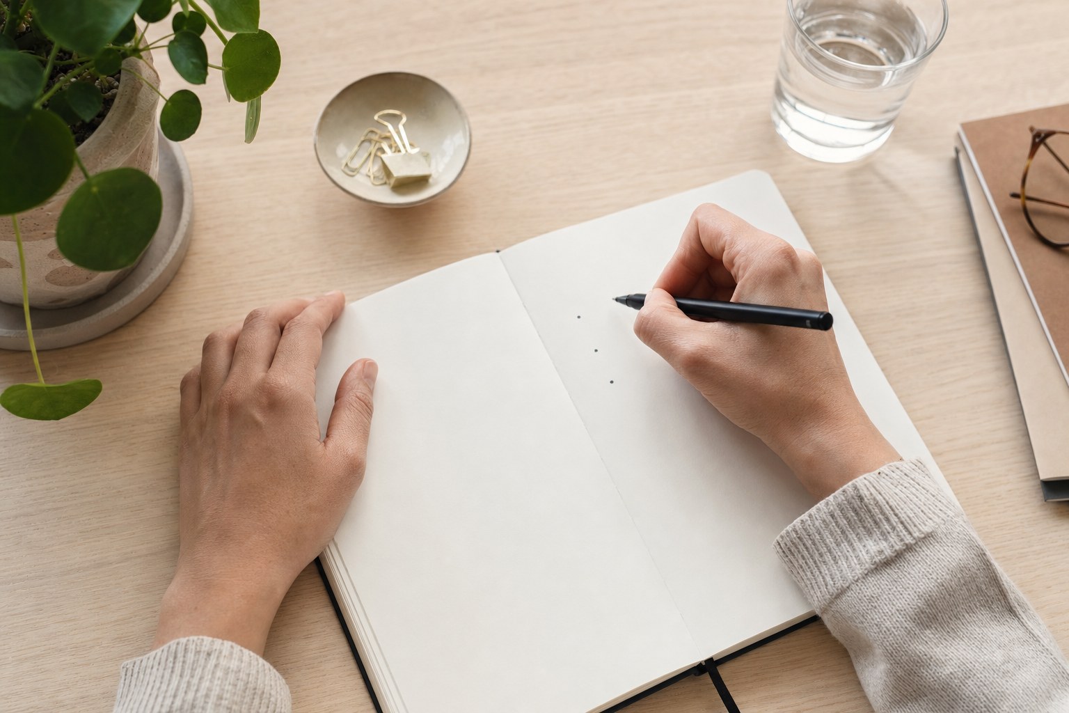Hands writing in a blank notebook beside a glass of water