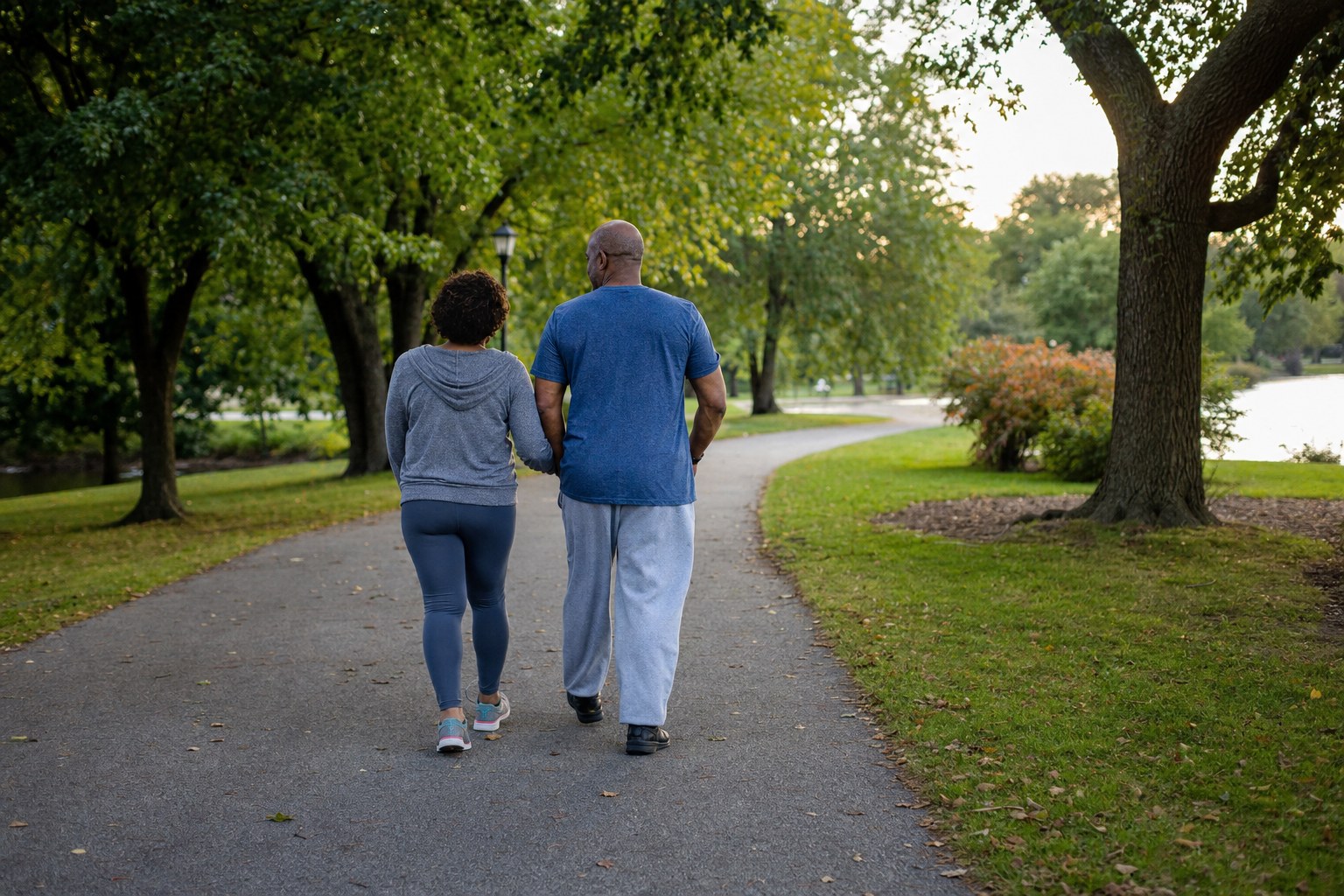 Two adults walking together along a leafy neighborhood path