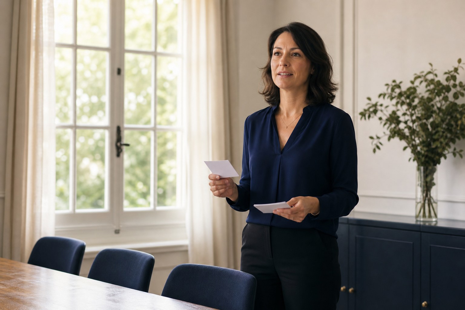 A woman calmly rehearsing a presentation with note cards in a sunlit meeting room