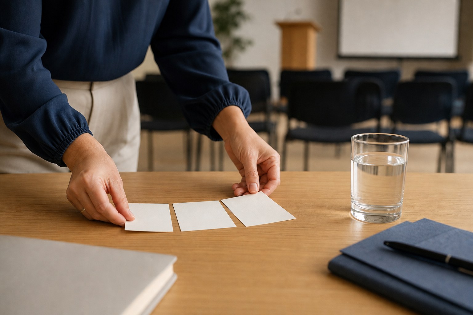 Hands arranging blank note cards beside a glass of water before a presentation