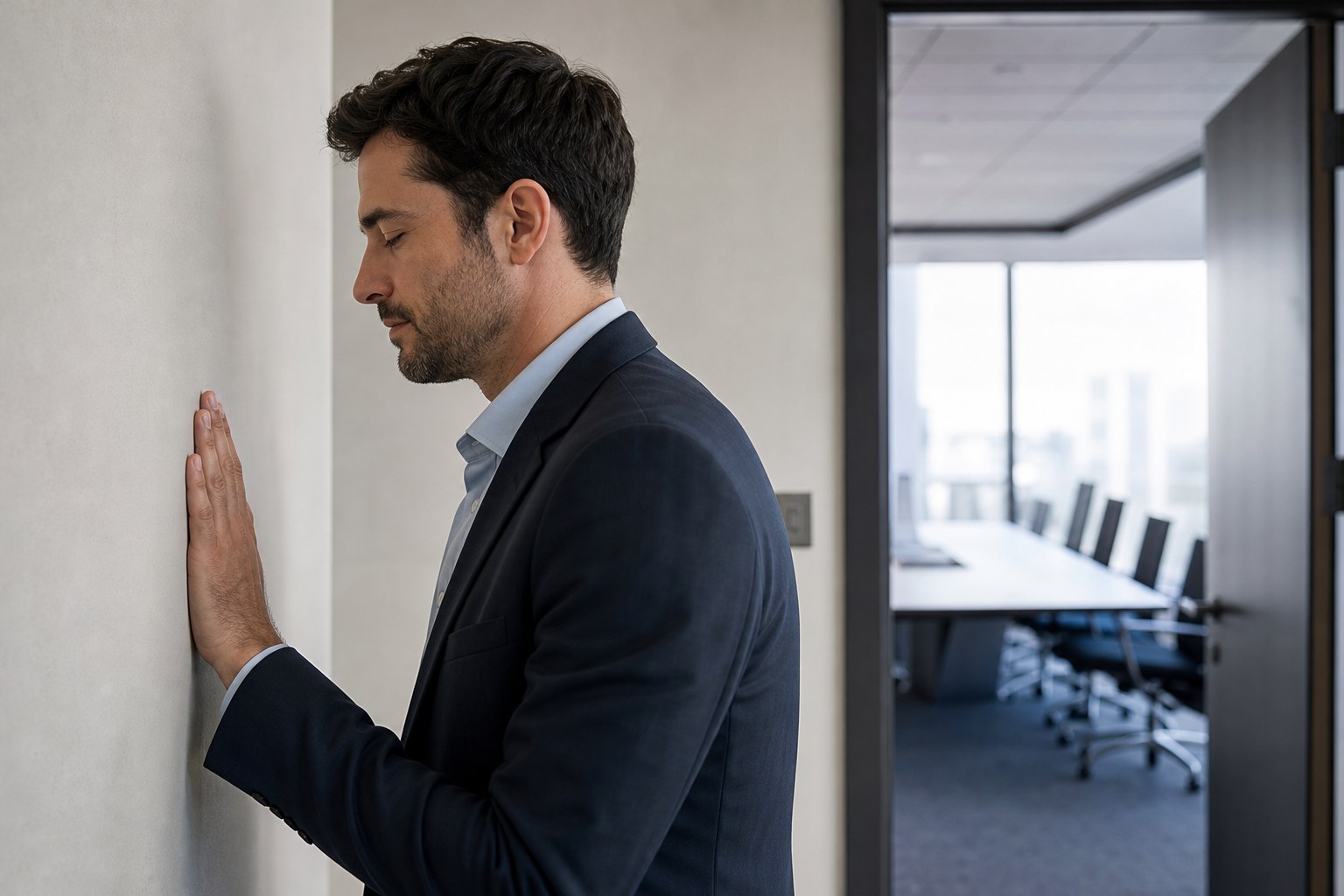 A man taking a quiet pause outside an empty meeting room before speaking