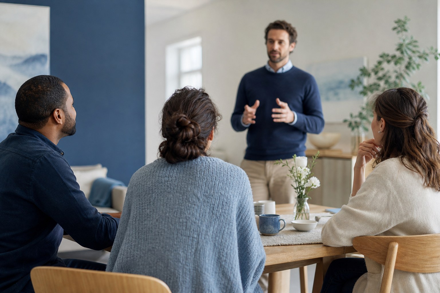 A small group listening supportively as a man practices speaking