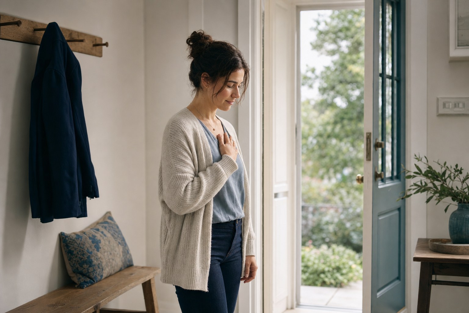 A person taking a quiet pause by an open front door before leaving home