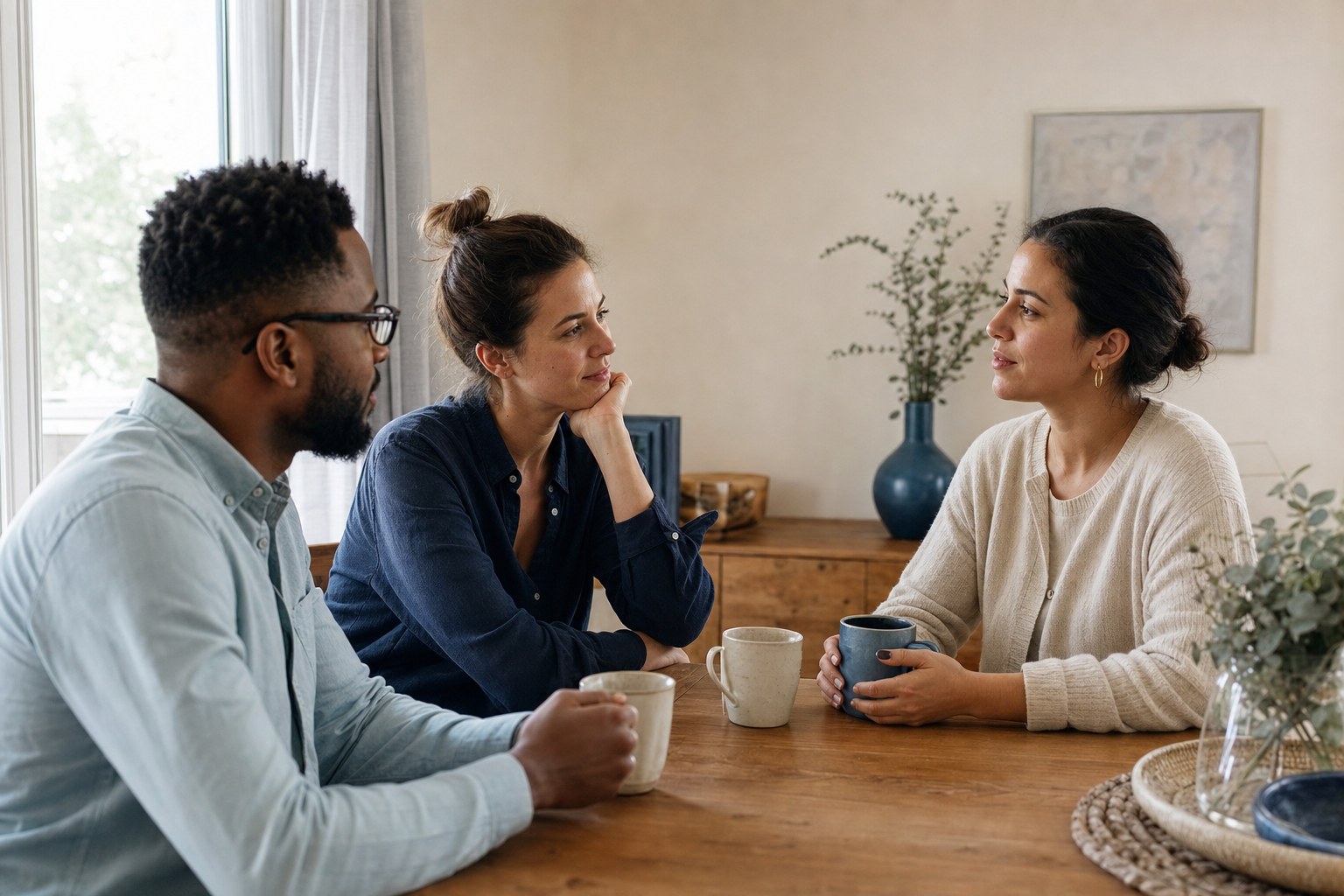 Three adults having a relaxed conversation around a table