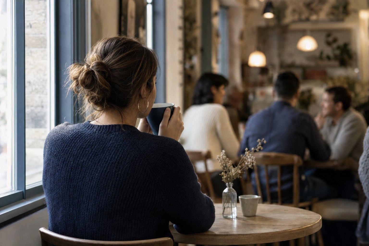 A woman pausing at a café table while a small group talks in the background