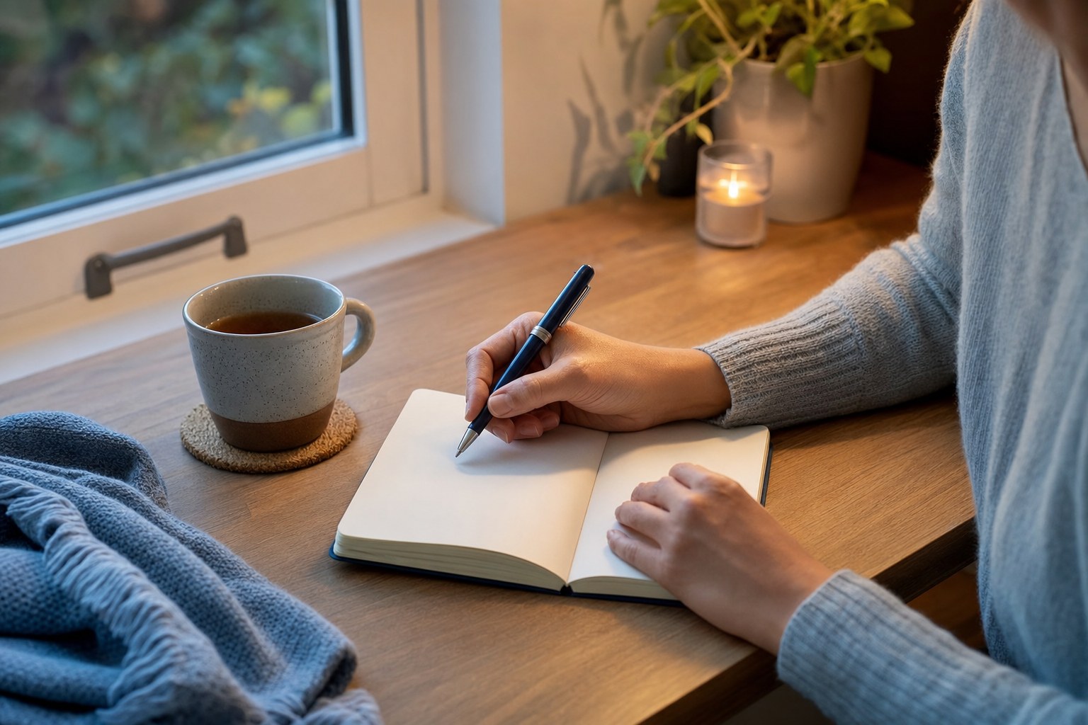 A person writing reflective notes beside a cup of tea
