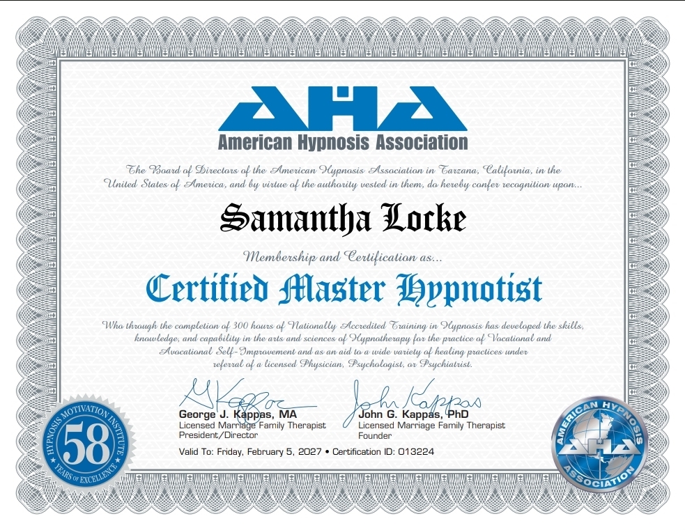 American Hypnosis Association Certified Master Hypnotist certificate for Samantha Locke