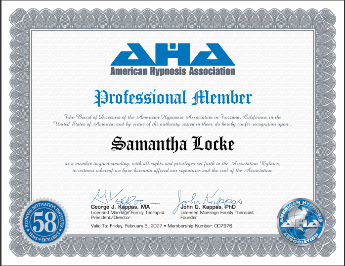 American Hypnosis Association professional member certificate for Samantha Locke