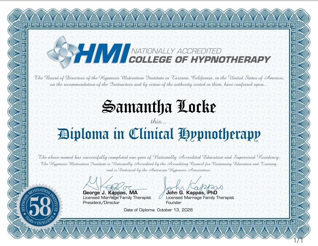 HMI College of Hypnotherapy Diploma in Clinical Hypnotherapy for Samantha Locke