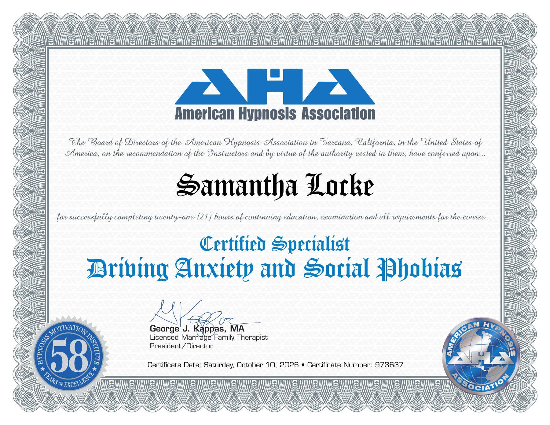 American Hypnosis Association Certified Specialist Driving Anxiety and Social Phobias certificate for Samantha Locke