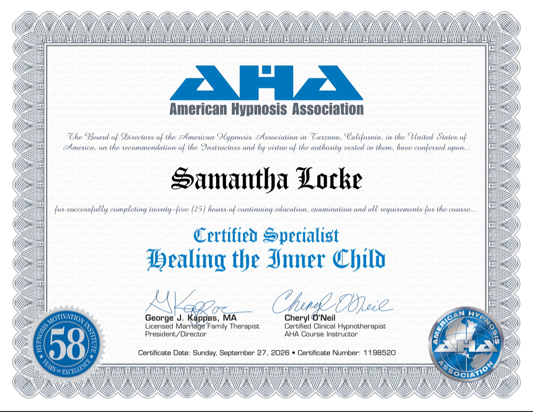 American Hypnosis Association Certified Specialist Healing the Inner Child certificate for Samantha Locke