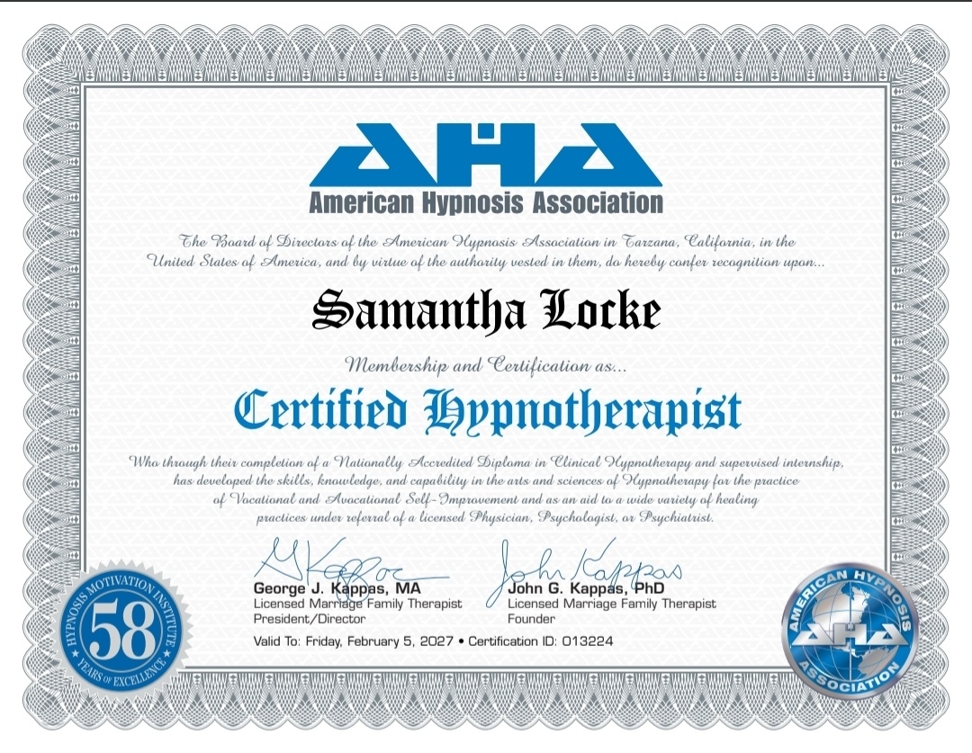 American Hypnosis Association Certified Hypnotherapist certificate for Samantha Locke