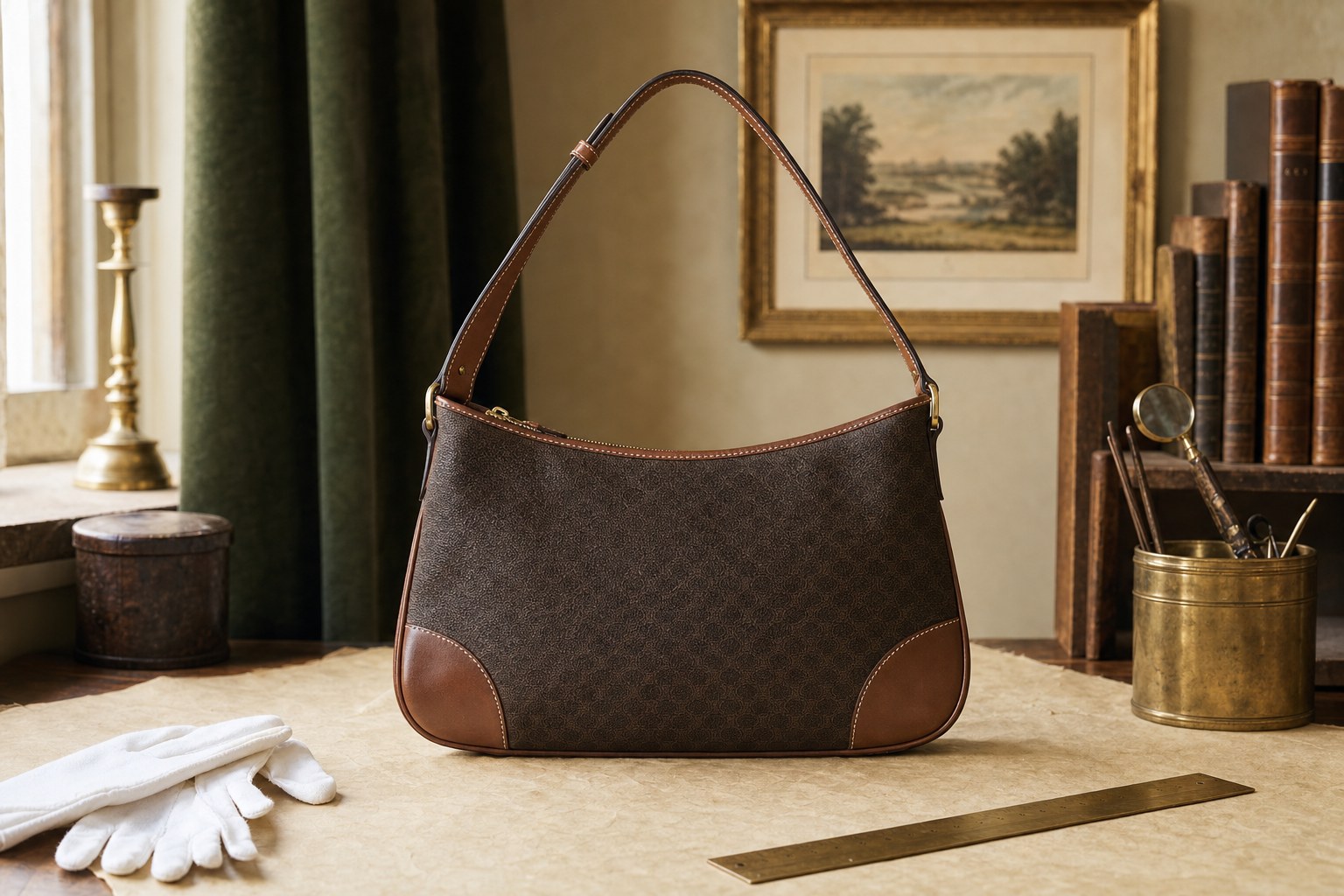 Anonymous vintage-style brown shoulder bag on a parchment-toned collector's table