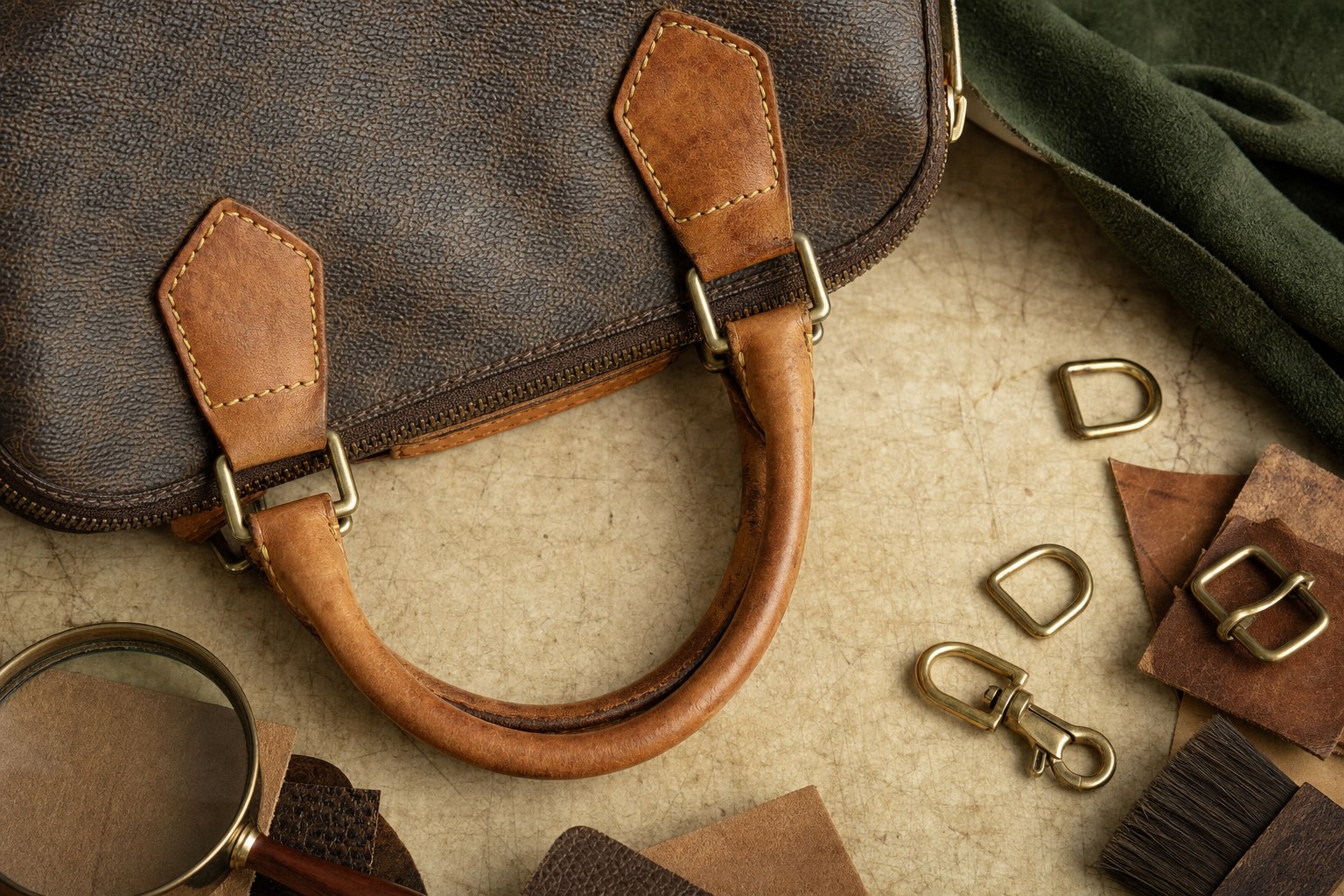 Anonymous brown bag material, leather trim, hardware, and a loupe on an inspection table