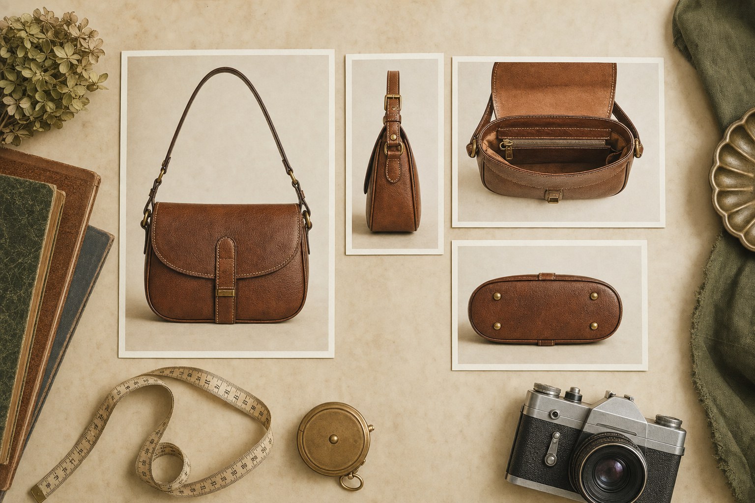 Anonymous vintage-style shoulder bag photographed from front, side, interior, and base angles