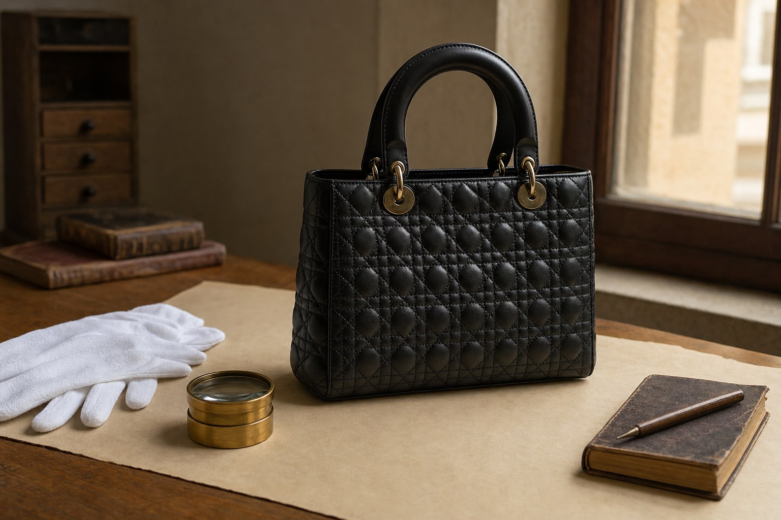 Anonymous black quilted leather handbag on a collector's inspection table