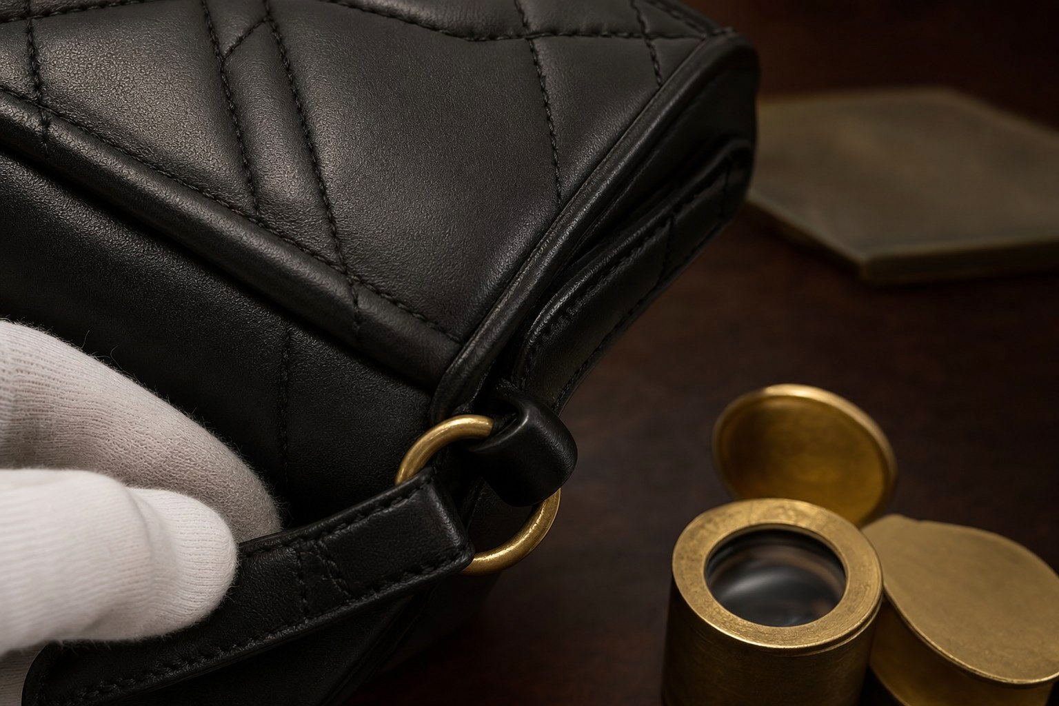 Close view of an anonymous black leather handbag's strap ring, stitching, and edge paint