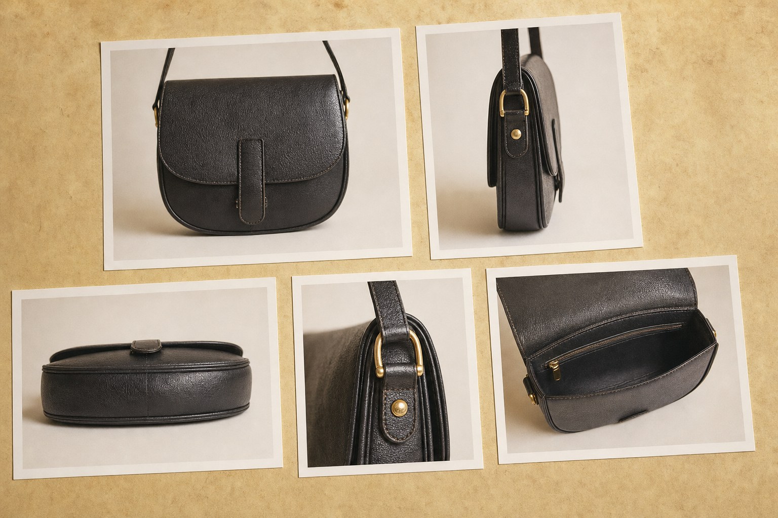 Five detailed photographs documenting an anonymous black vintage leather shoulder bag