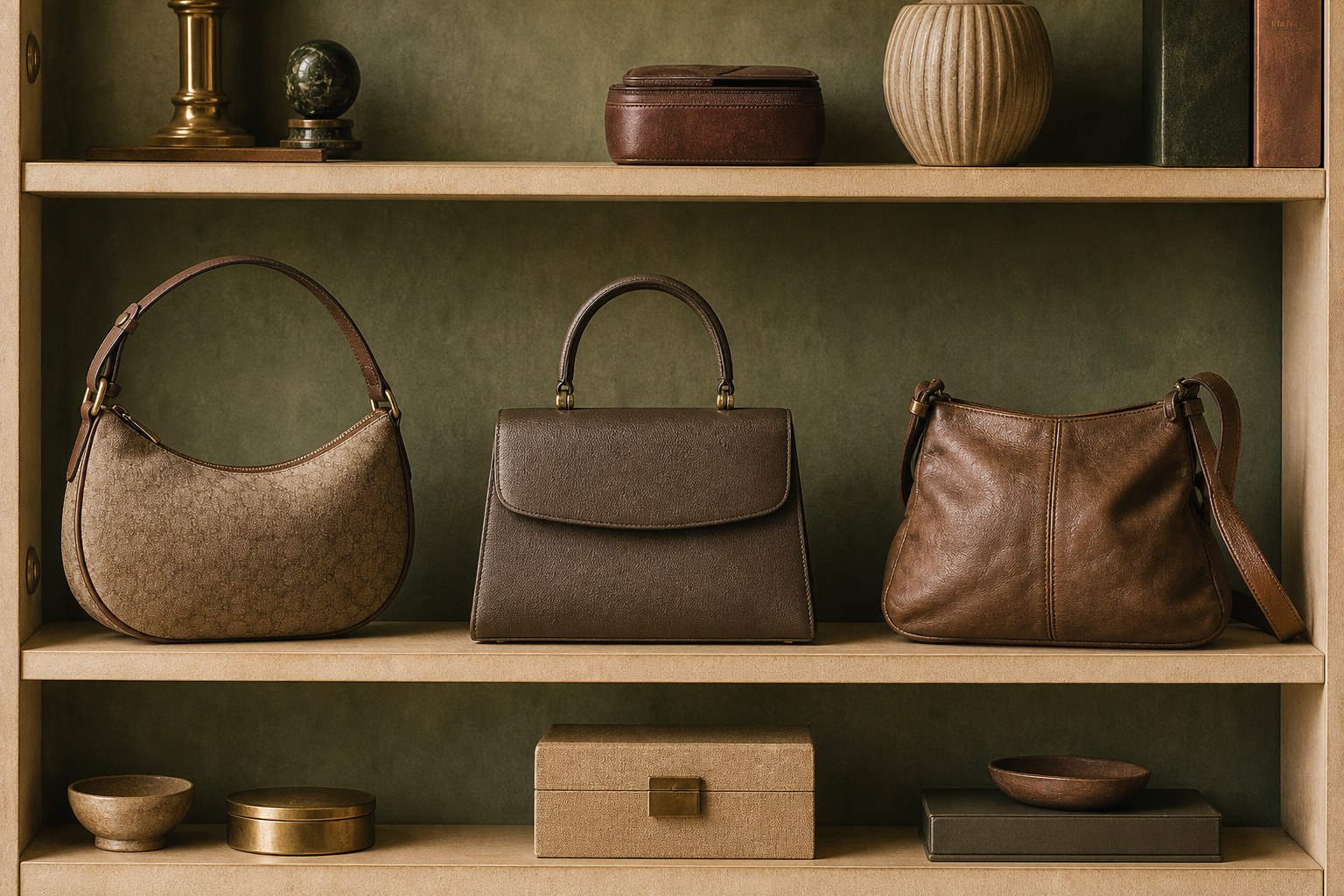 Vintage-style leather handbags displayed on an archive shelf