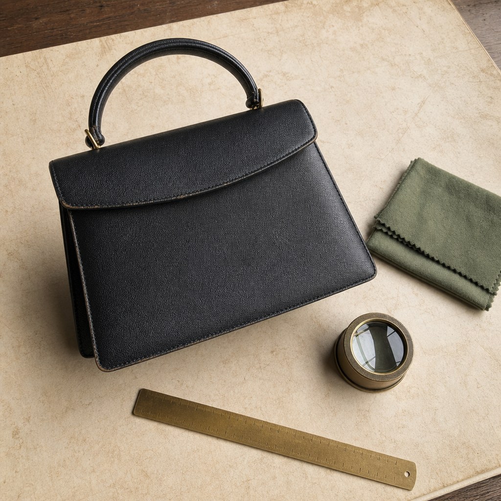 Vintage-style black leather handbag shown with a loupe and brass ruler for close inspection