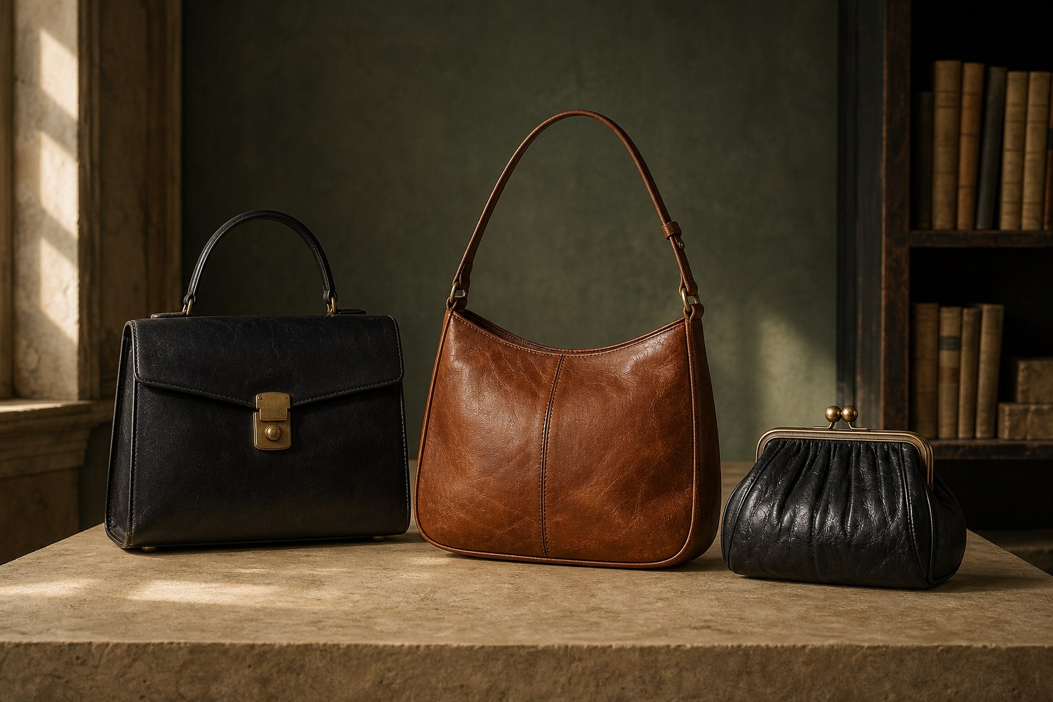 A small collection of vintage-style leather handbags in a warm archival setting