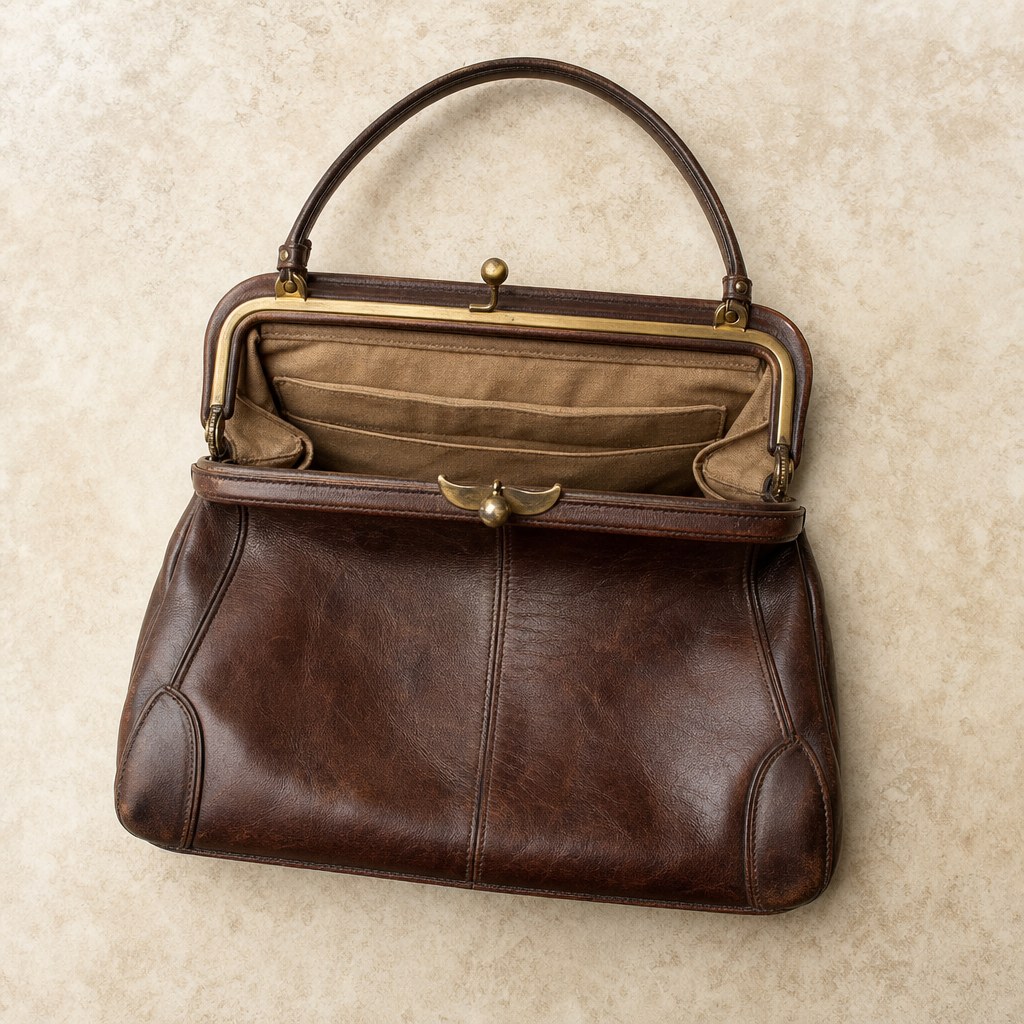 Open vintage-style leather handbag showing its lining, handle attachments, and clasp