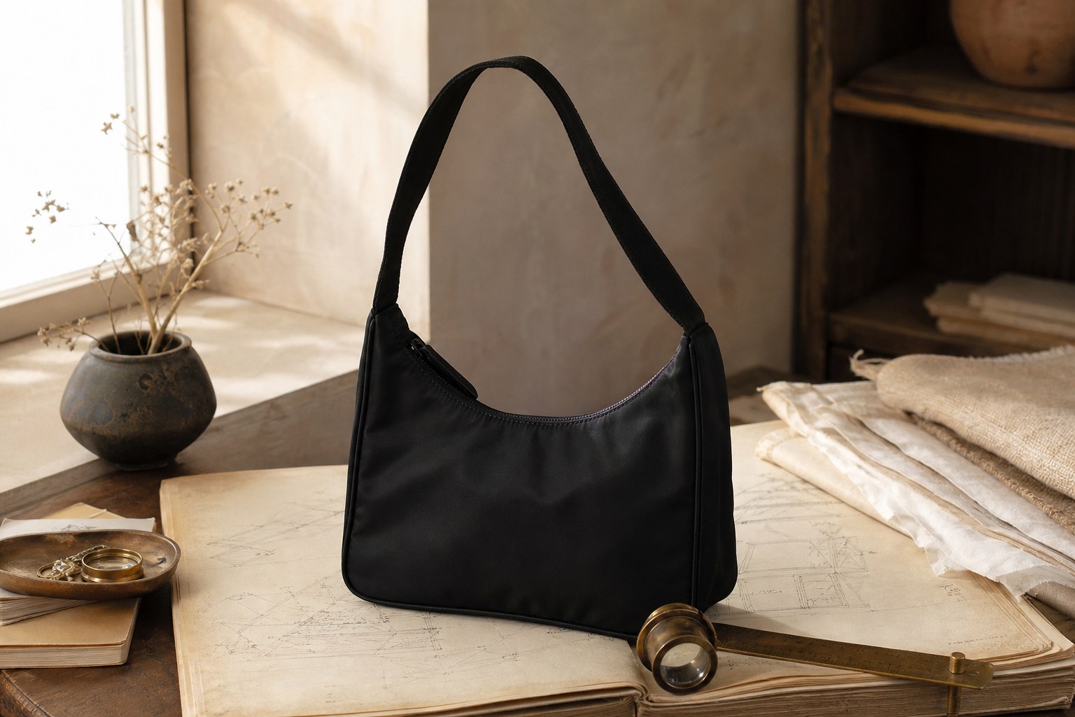 Unbranded black nylon shoulder bag on an archival table with a loupe and brass ruler