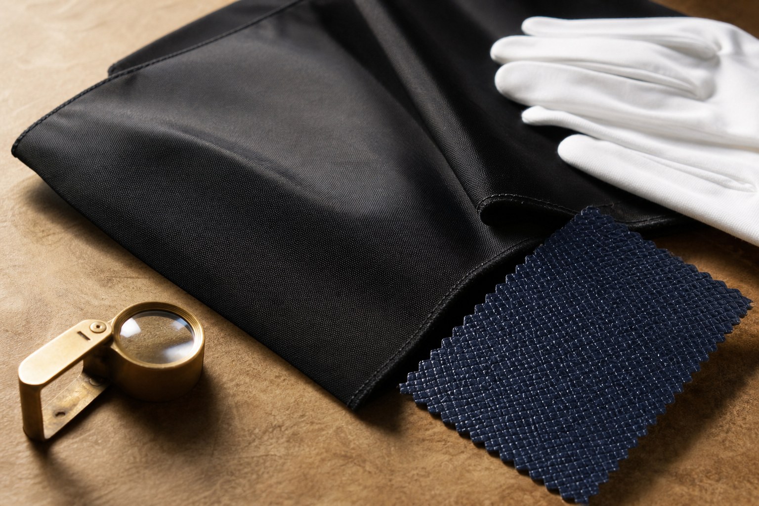 Unbranded nylon and crosshatch leather swatches with white gloves and a brass loupe