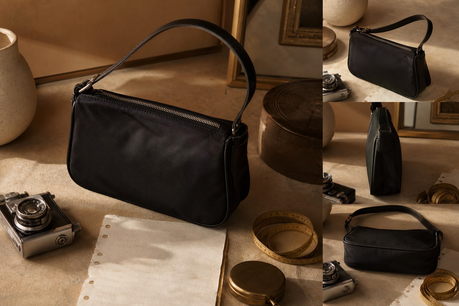 Unbranded black shoulder bag shown from several inspection angles beside a camera and measuring tape