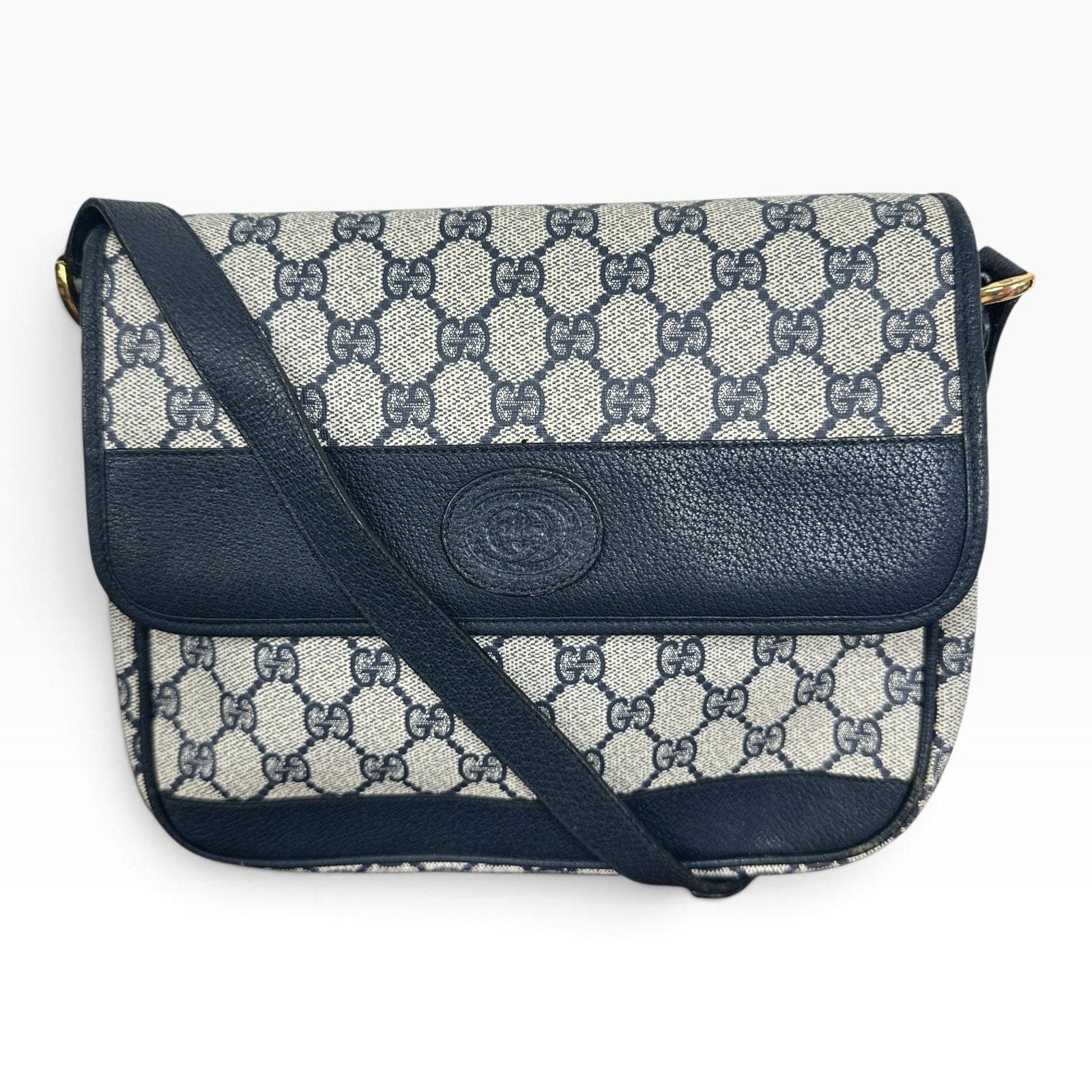 Gucci GG Monogram Vintage Crossbody Bag Medium Beige Blue Canvas Italy