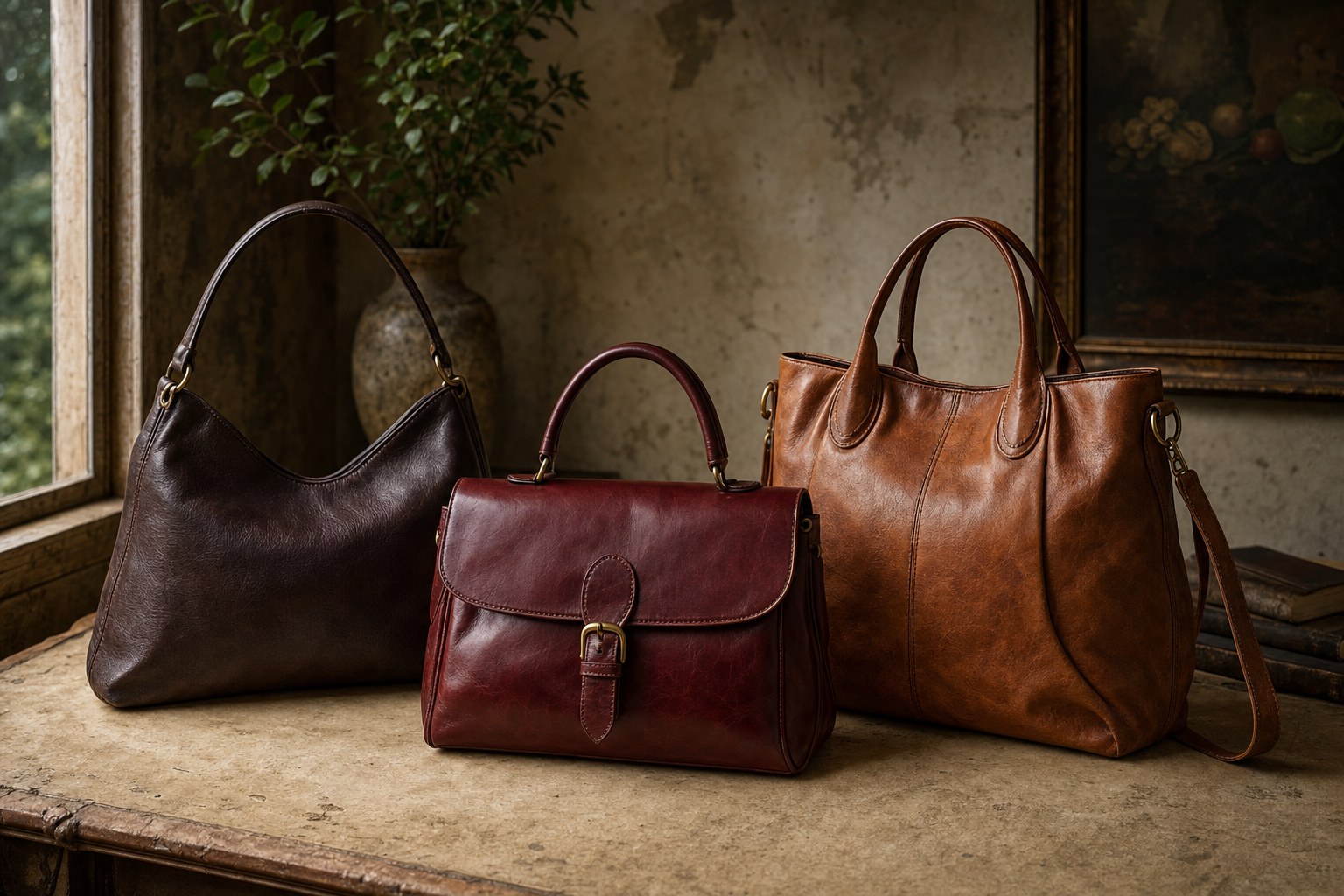 A considered arrangement of vintage leather handbags in a warm studio setting
