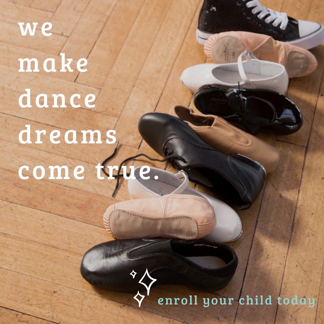 Ballet, tap, and dance shoes on a wood floor. We make dance dreams come true. Enroll your child today.
