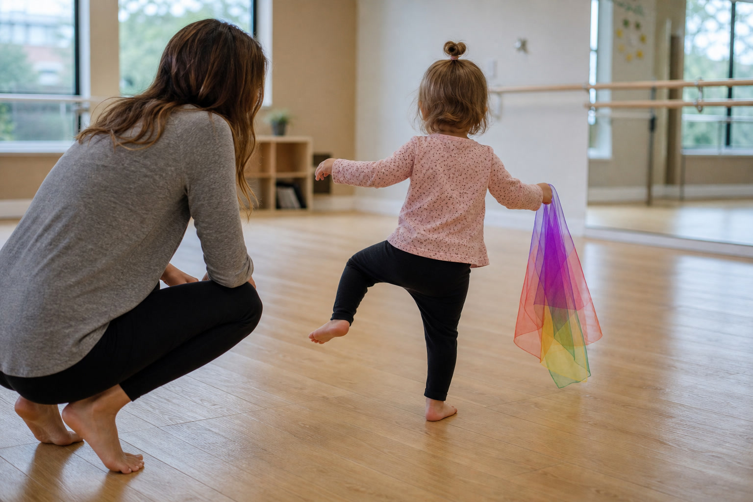 A parent watching a two-year-old explore movement with a colorful scarf