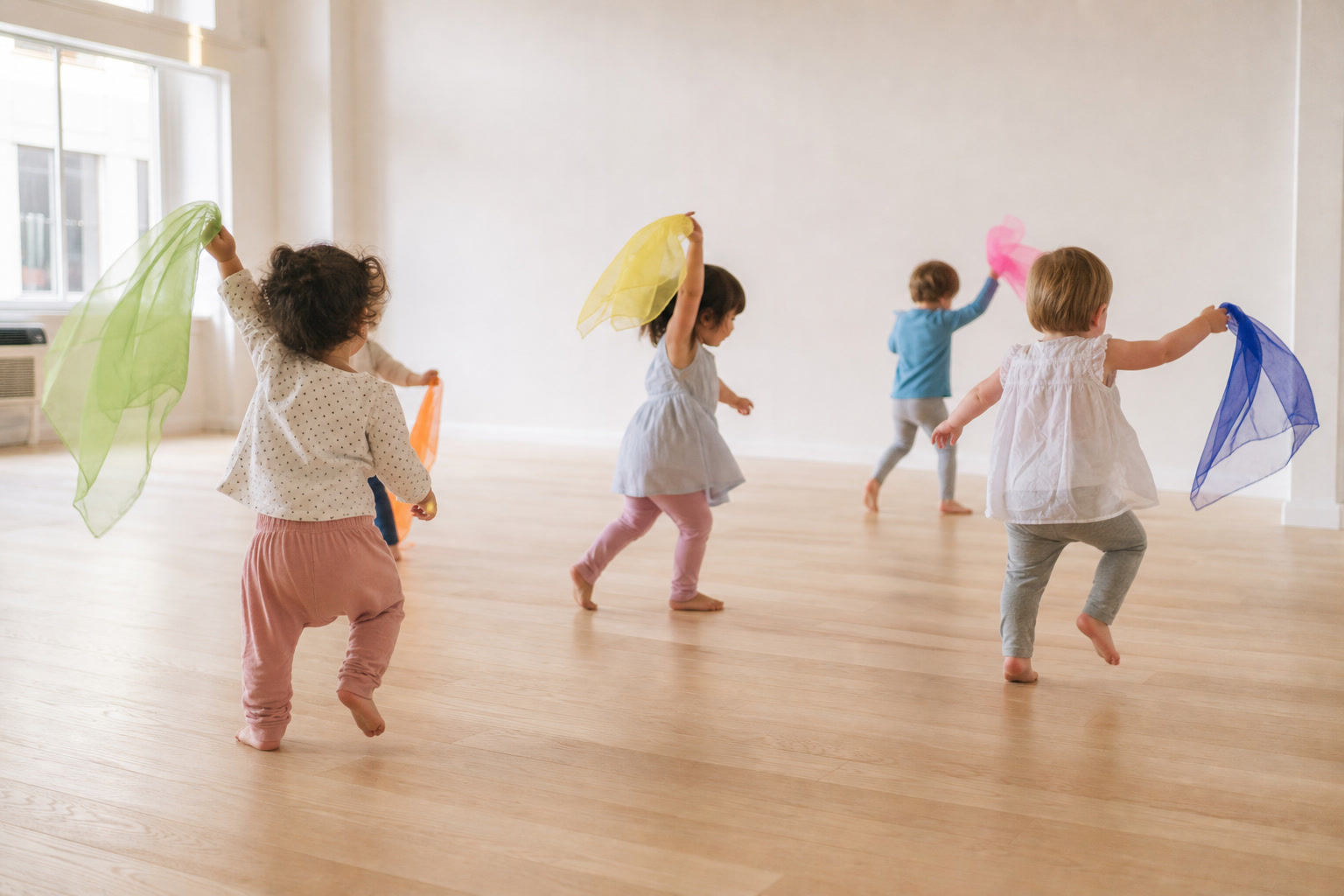 Toddlers exploring creative movement with colorful scarves
