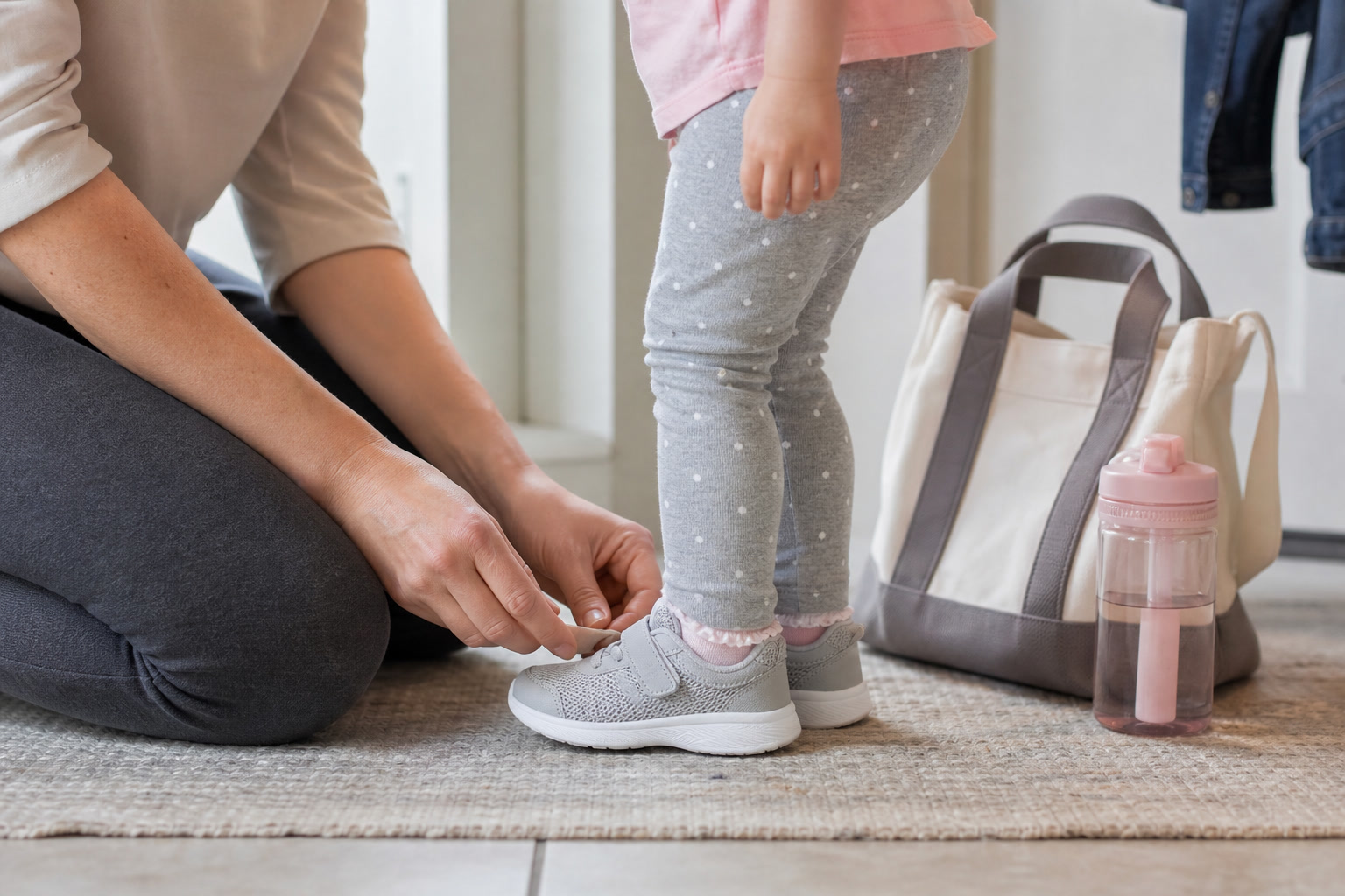A parent helping a toddler get ready for an activity class